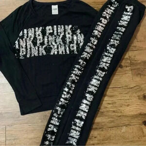 PINK VS SILVER LOGO BLING SWEATSHIRT/ JOGGER PANTS  OUTFIT SET M